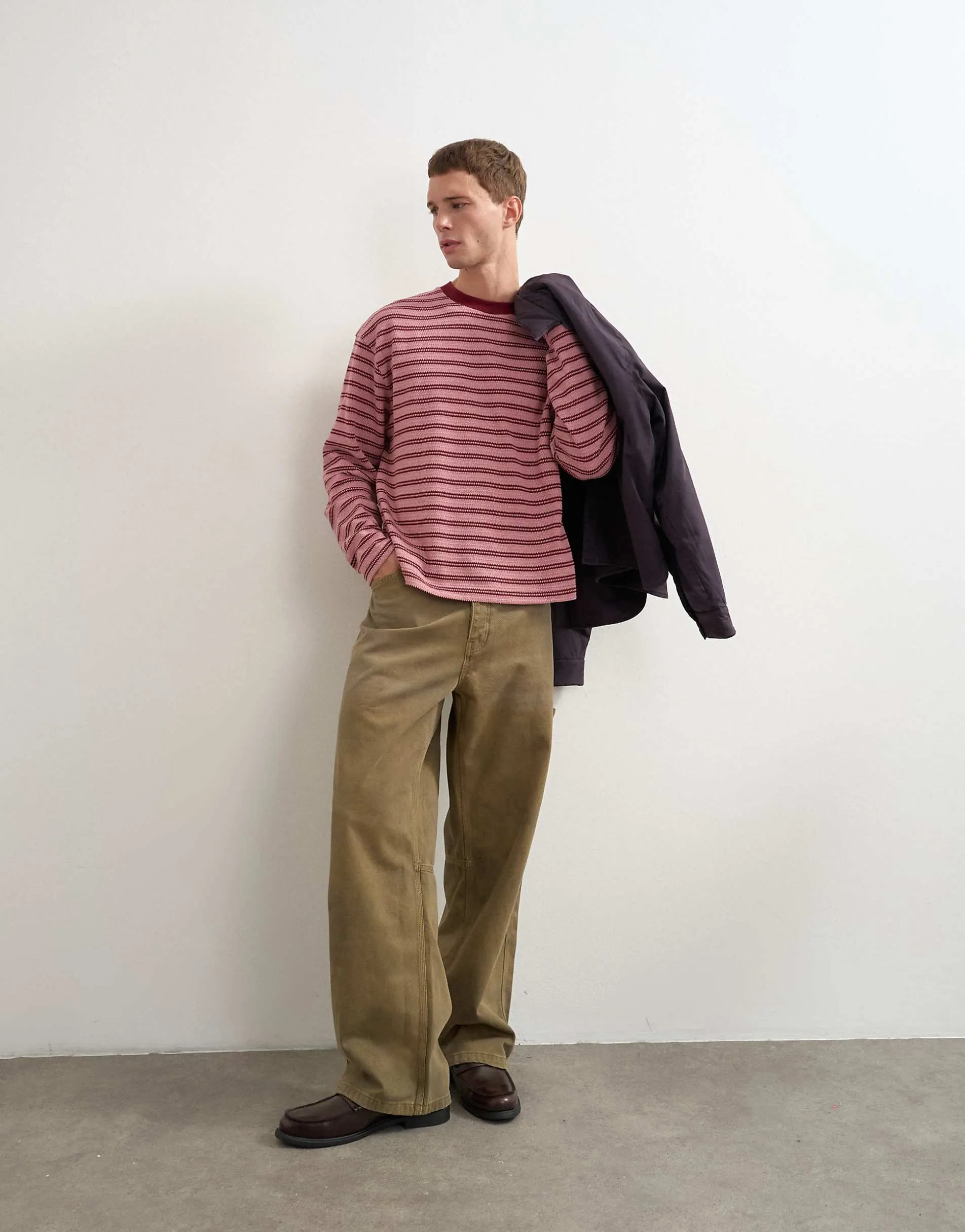 Topman relaxed fit crop long sleeve t-shirt with textured stripe in pink