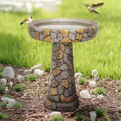 23-in H Tree Trunk Like Concrete Complete birdbath