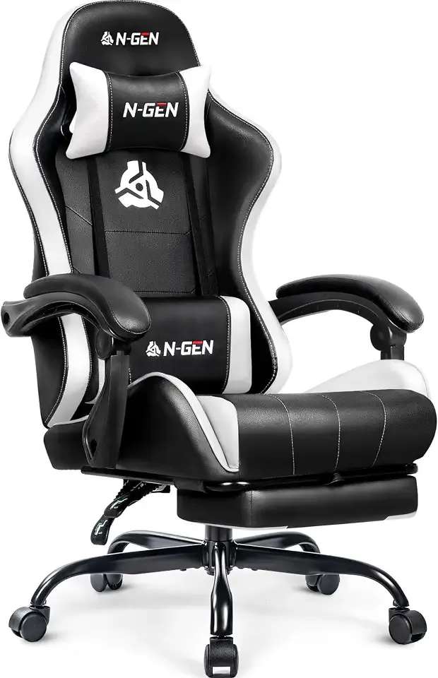 N-GEN GAMING Gaming Chair, Footrest, Lumbar, High-Back, White Black