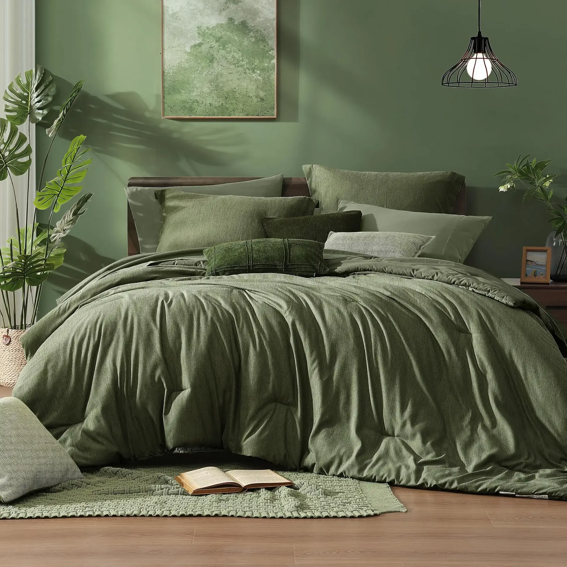 Monbix Queen Comforter Set Olive Green 7 Pieces Bed in a Bag | Cationic Dyeing Reversible All Season Bedding Sets with Comforter, Sheets, Pillowcases & Shams