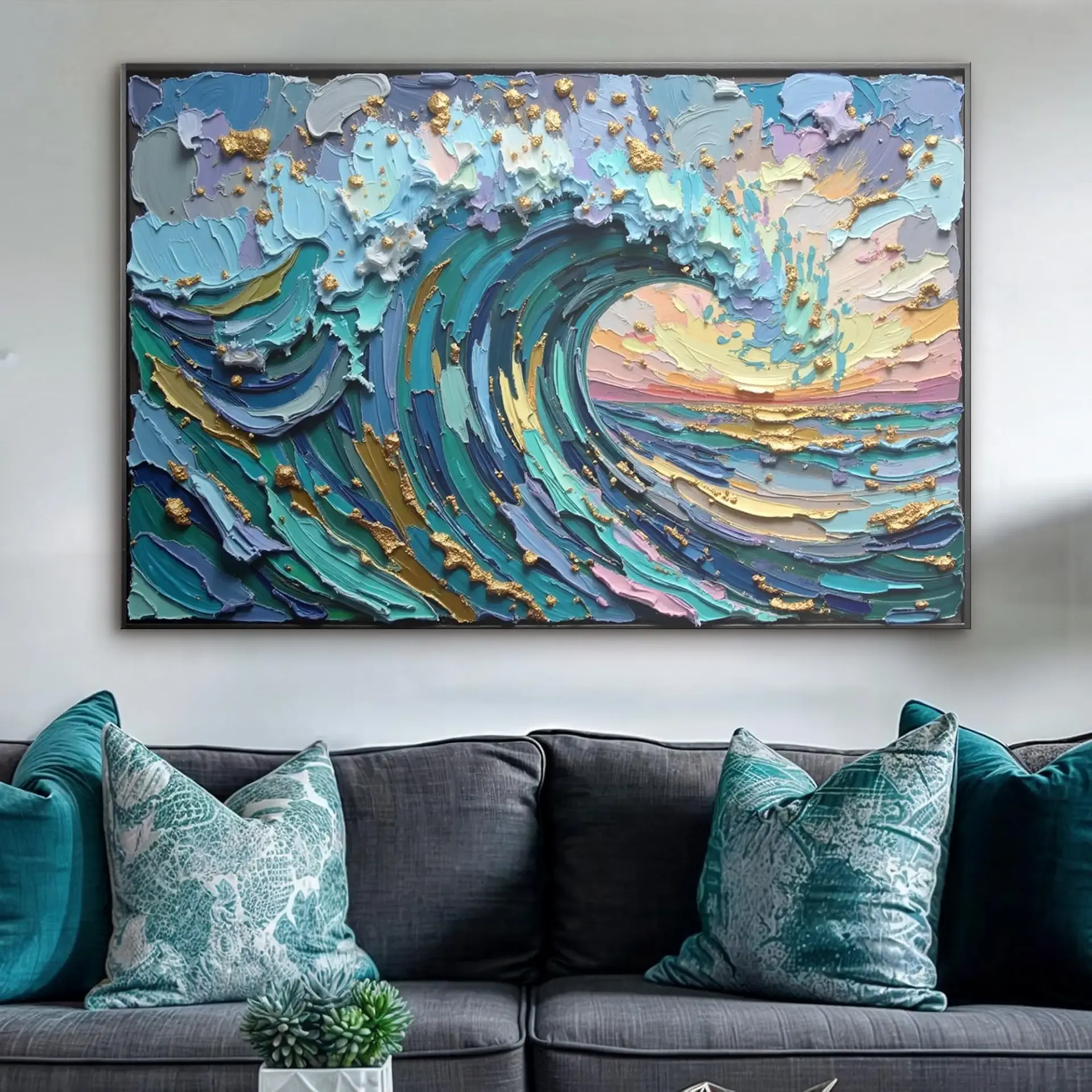 TAILORED CANVASES Golden Tide Abstract Ocean Canvas Wall Art, 12x18 | Blue Abstract Ocean Artwork With Golden Metallic Accents, Perfect For Beach House, Living Rooms, Bathrooms And Coastal Decor