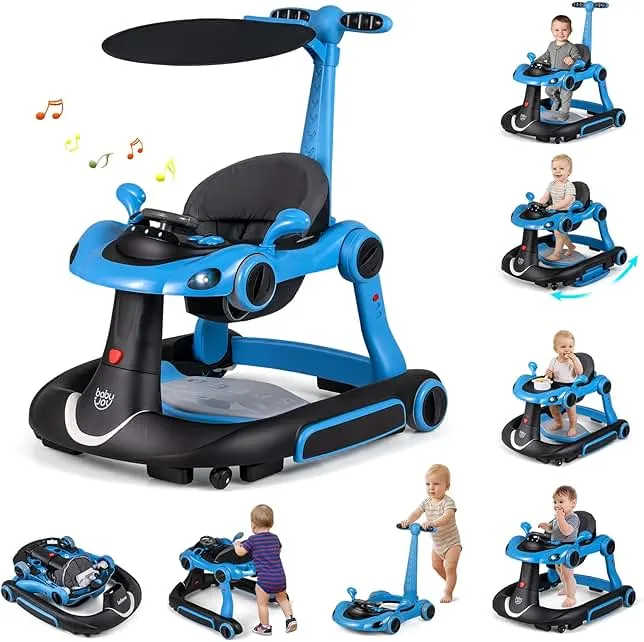 BABY JOY 7-in-1 Baby Walker, Foldable Baby Walker and Bouncer Combo with Handle, Adjustable Height & Speed, Music, Lights, Rocker/Push Mode, Baby Walker with Wheels…