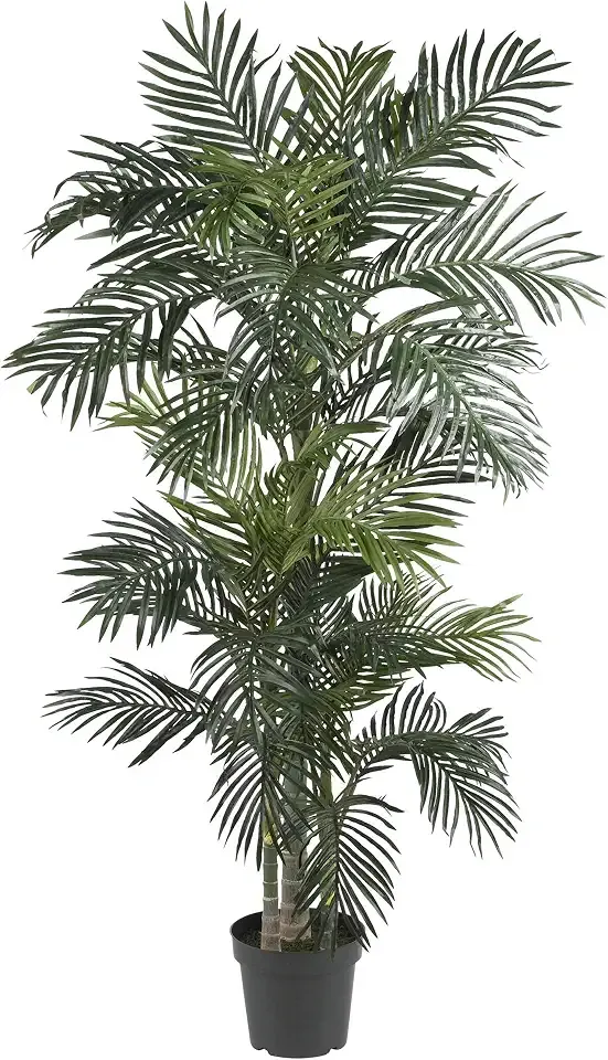 Nearly Natural 6.5ft Artificial Golden Cane Palm Tree, Lifelike Silk Indoor Palm With Three Textured Trunks Flexible Fronds Nursery Planter, Low Maintenance