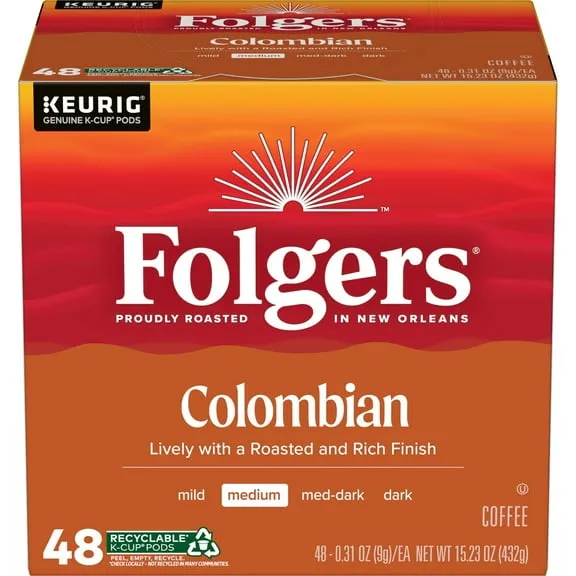 Folgers Colombian Coffee, Medium Roast, Keurig K Cup Pods, 48 count Box $29.44 $1.93/oz