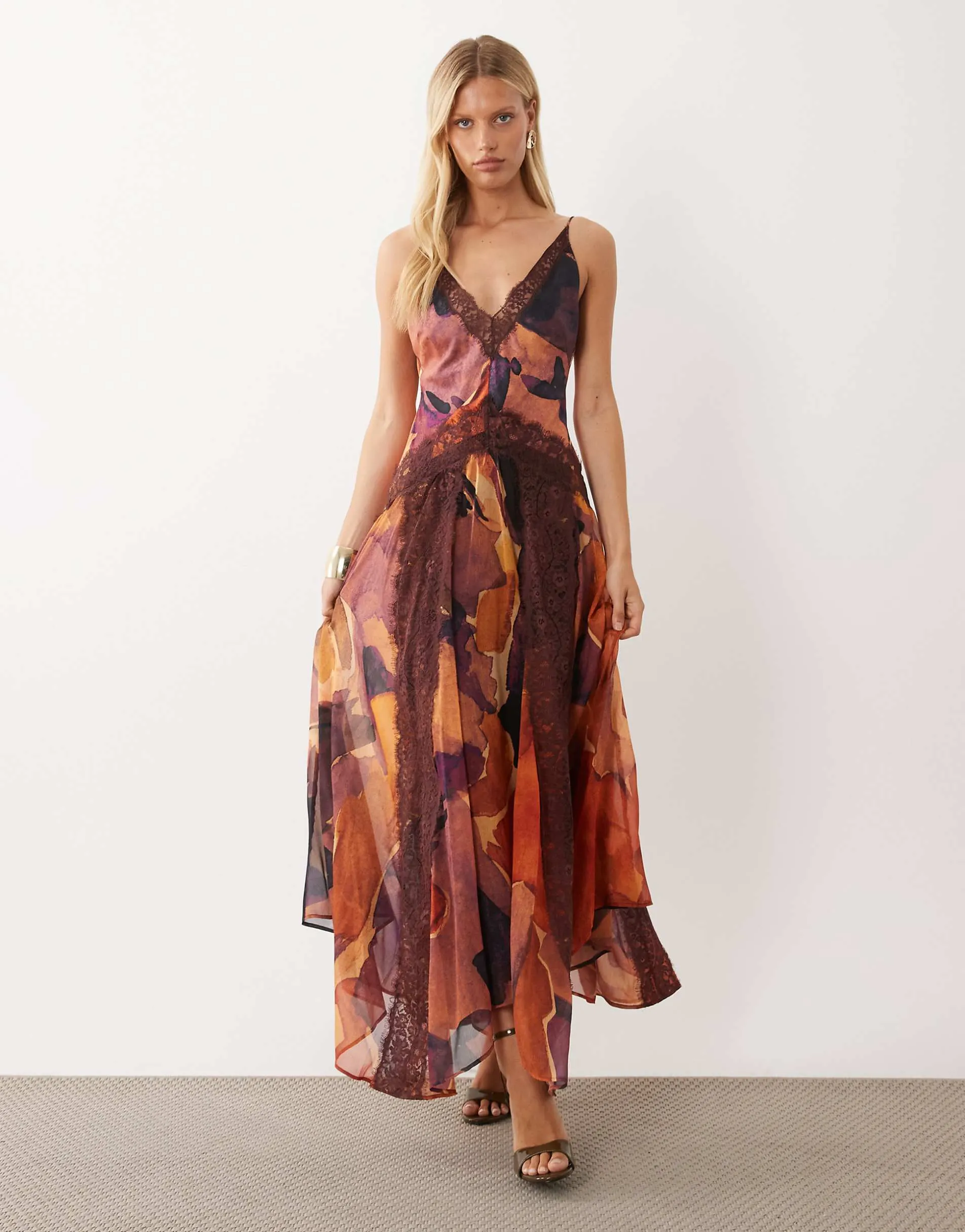 ASOS DESIGN v neck lace applique satin and chiffon mix cami maxi dress in abstract print