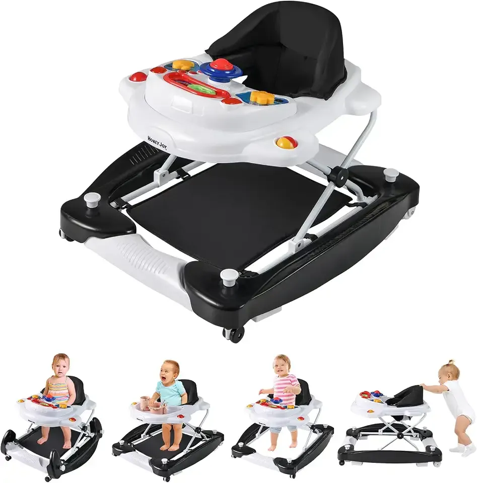 HONEY JOY Baby Walker, 6-in-1 Foldable Baby Walker and Bouncer Combo, Infant Activity Walker with Wheels, Adjustable Heights, Rocker, Music, Lights, Walker for Baby Boy Girl 7-14 Months (Black)