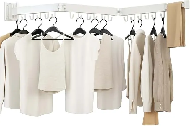 Kelisiting Clothes Drying Rack, Laundry Drying Rack Wall Mounted, [No-Drill & Drilling to Choose] 3-Fold Laundry Drying Racks for Hanging Clothes, Foldable & Sturdy Space Saver for Laundry Room -White