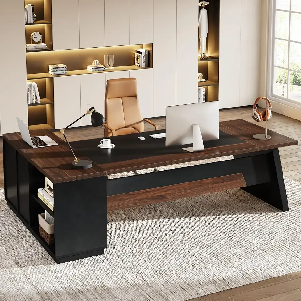 Tribesigns 78" L-Shaped Executive Desk, Large Office Desk with Drawers and Lateral File Cabinet, Business Furniture with Storage Shelves, Modern Computer Desk for Home Office, Walnut & Black