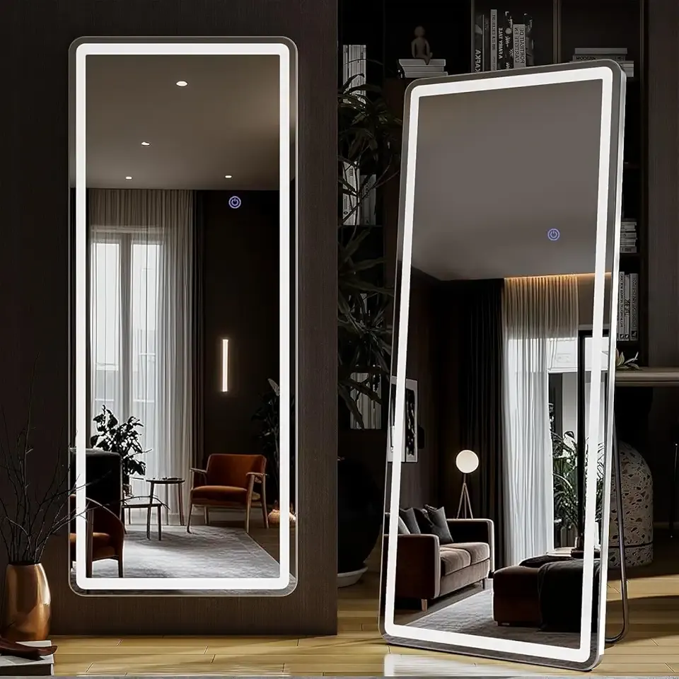 56"x21" LED Full Length Mirror – Standing Floor Body Mirror with Dimmable Lights 3 Color Modes – Adjustable Brightness, Wall-Mount or Leaning for Barber, Fitness Center, Dressing Room