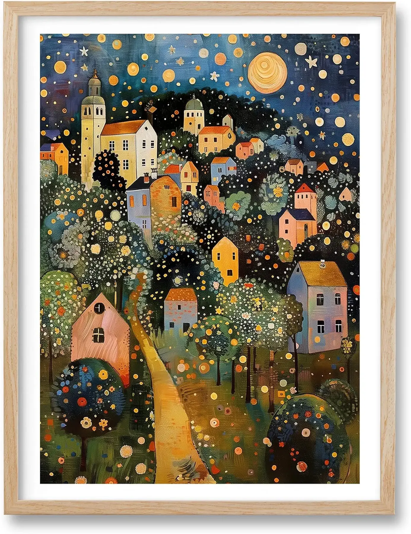HesenDot Gustav Klimt Moon Stars Natural OAK Wood Framed Wall Art,12x16in | Village Night Canvas Print Posters Art, Klimt Exhibition Wall Decor for Living Room Bedroom Home