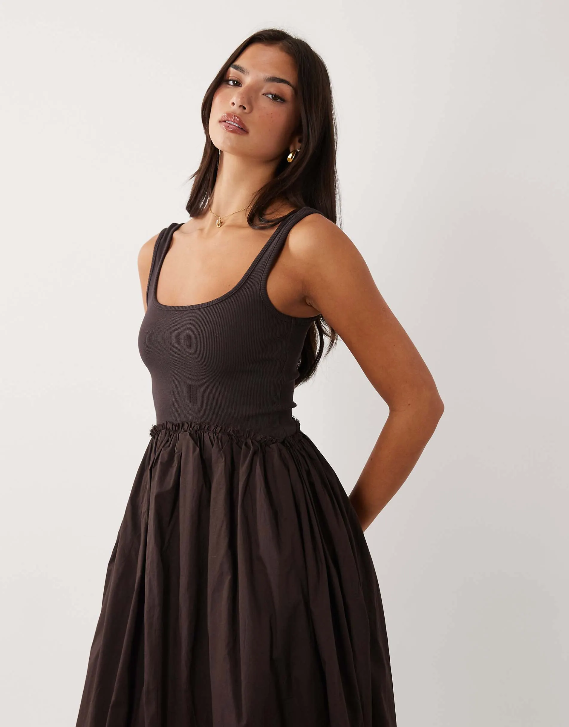 ASOS DESIGN scoop ribbed bodice with poplin skirt midi dress in chocolate