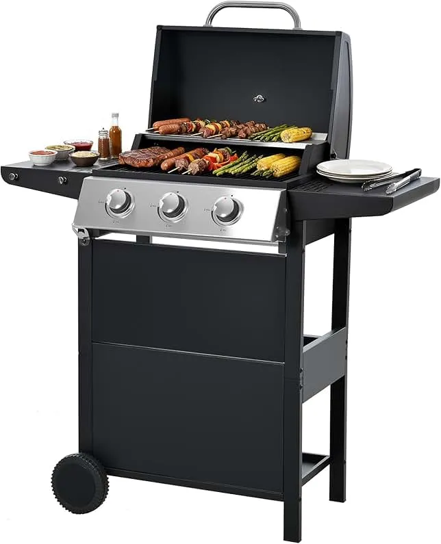 EUHOME Stainless Steel 3-Burner Gas Grill, 25650 BTU Outdoor BBQ Grill with Side Table, 338 sq.in Cooking Area, Perfect for Patio, Deck & Family Barbecues