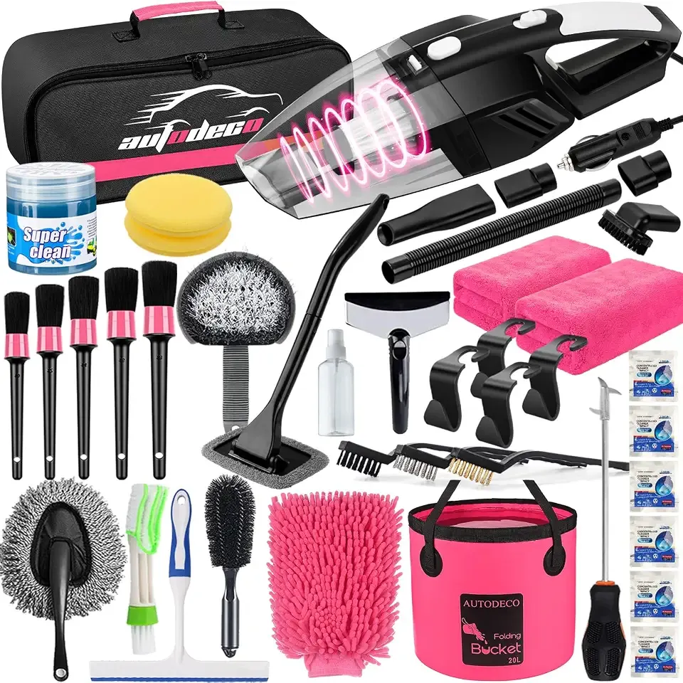 41Pcs Car Cleaning Wash Kit Interior Detailing Cleaner Kit with High Power Handheld Vacuum, Collapsible Bucket, Windshield Tool, Snow Shovel, Tire Brush, Complete Car Care Tools, Pink