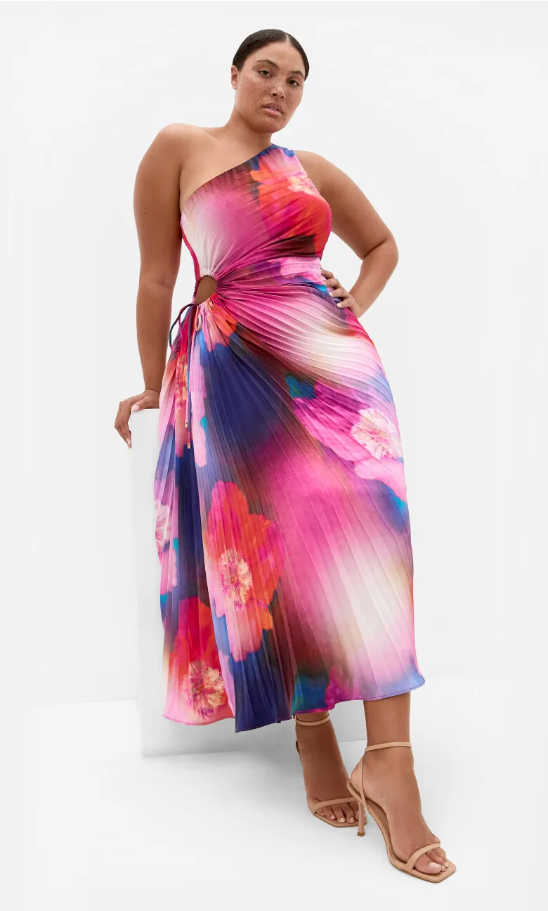 Aliza Firework Print Pleat Maxi Dress - magenta