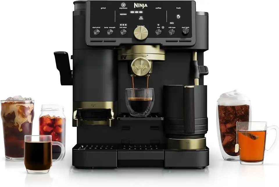 Luxe™ Café Pro designed by David Beckham, Espresso Machine, Drip Coffee, Cold Brew, Hot Water, Integrated Tamper, Built-in Grinder, Hands-Free Frother for Lattes & More, Black/Gold, ES771BK