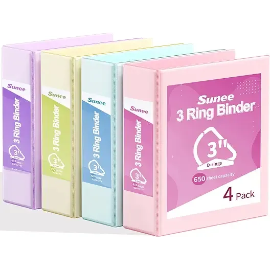 SUNEE 3 Ring Binder 3 Inch D Ring, Clear View Binder Three Ring PVC-Free (Fit 8.5x11 Inches) for School or Office Supplies, Assorted Pastel, 4 Pack