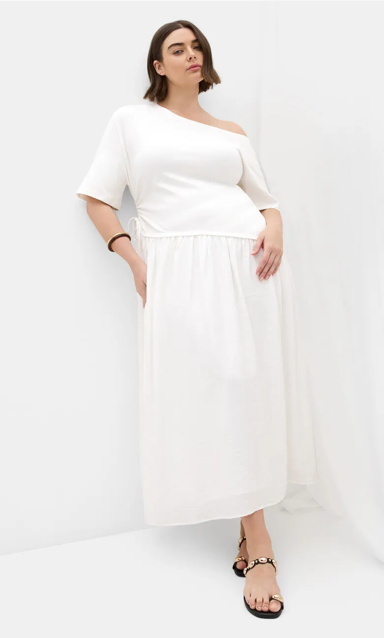 Off Shoulder Mixed Media Maxi Dress - ivory