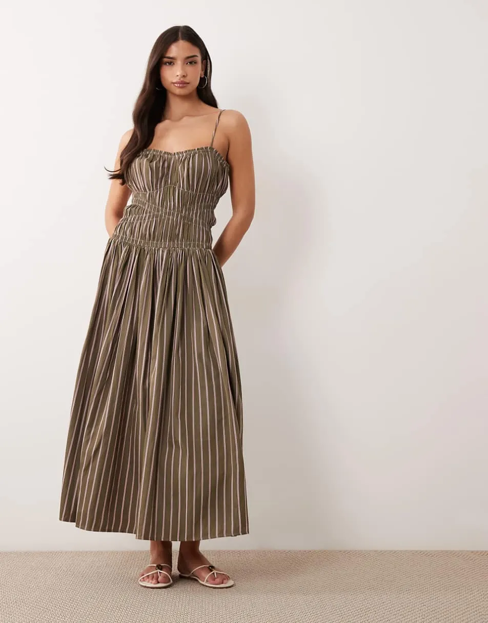 ASOS DESIGN shirred cotton poplin maxi sundress with dropped waist in khaki and pink stripe