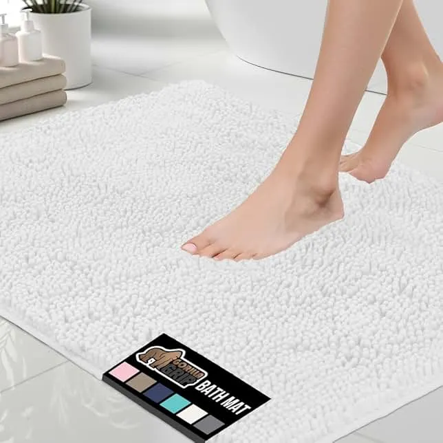 GORILLA GRIP Bath Rug Mat, Thick Soft Absorbent Chenille, Quick Dry Microfiber Mats, Rubber Backing Washable Shower Floor Rugs, US Designed Bathroom Bathmat Home Decor Accessories, 24x17, White