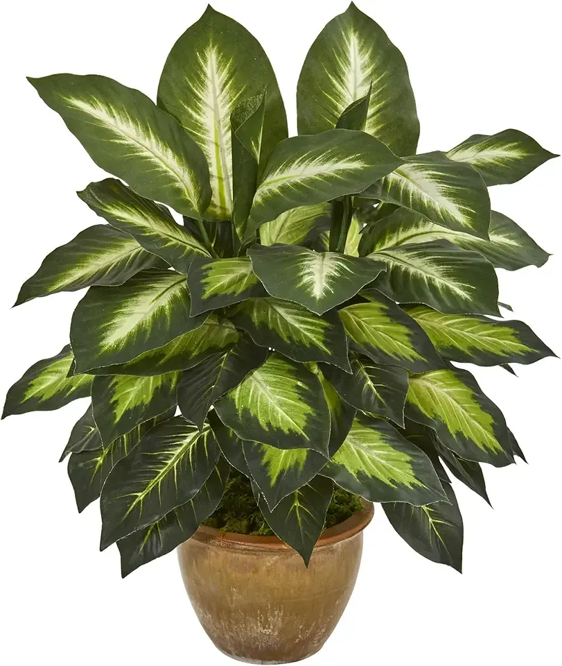 Nearly Natural Artificial Dieffenbachia Plant Faux Greenery in Ceramic Planter for Indoor Home Decor