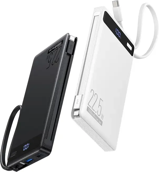 2Pack-10000mAh 22.5W Portable Charger Power Bank,Built-in Cables,WH&BLK