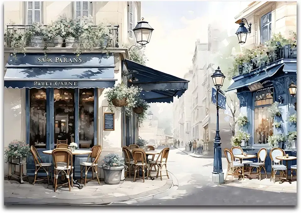 Framed European Street Canvas Art, 24"x16" Modern Cafe Scene