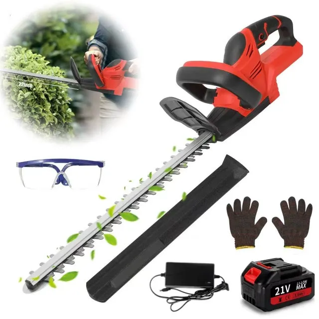 Tagliasiepi a batteria da 22 pollici, 1500 giri/min, doppia lama, fornito con batteria da 7500 mAh e caricabatterie, adatto per giardini e patii.