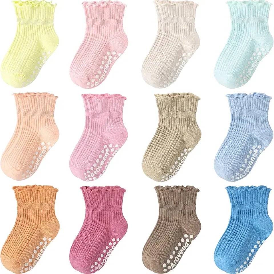Baby Toddler Girls Socks Grip Ruffle Non Slip Girls Cotton 12 Pack Socks for Kids Cute Ankle 6M-7Years