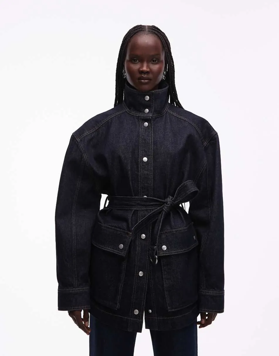 & Other Stories pure cotton funnel neck denim short jacket with belt detail in dark blue