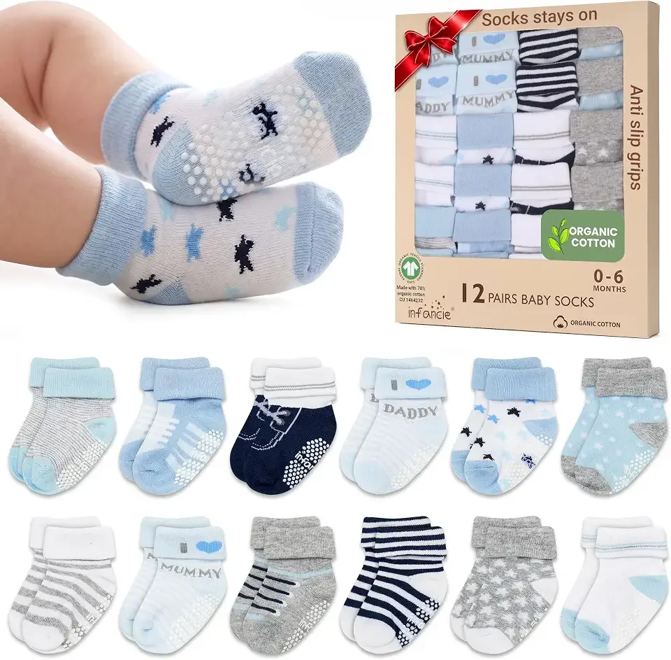 GOTS Organic Cotton Blend 12 infant socks with Grip 0-6 M Boy Non Slip Gift | Oeko-Tex Certified, Baby Socks, 12 Pairs, Organic Cotton Socks For Boys, Newborn Baby Socks, Blue, For Baby Boys, 0-6 Month