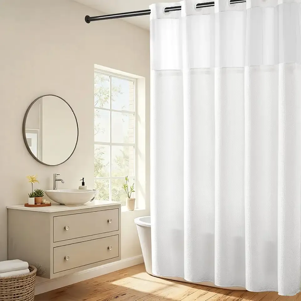 RiverDream Heavyweight Waffle No Hook Shower Curtain with Liner,White,71x86 | Snap-in Liner,Heavy Duty,Hotel Grade,Mesh Top Window,With Bottom Magnets,Washable,Dotted Waffle,Extra Long Size