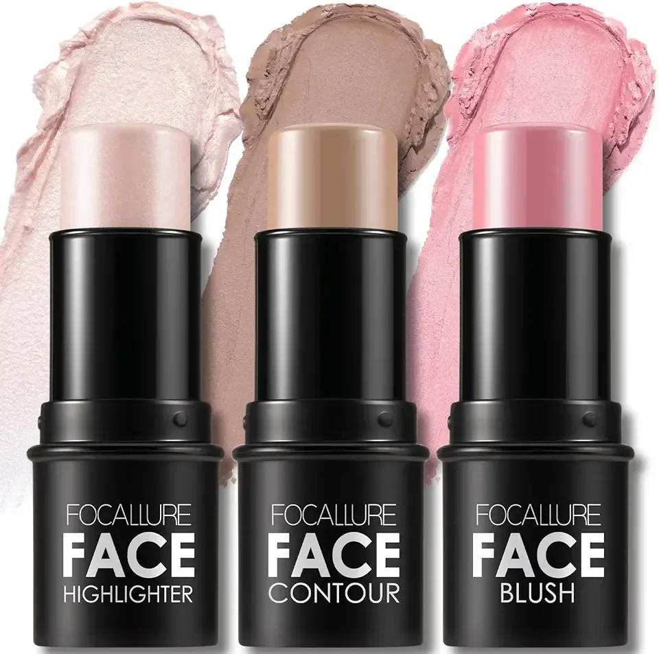 FOCALLURE 3 Pcs Cream Contour Sticks,Shades with Highlighter & Bronzer & Blush,Non-greasy Long-wear Face Contouring Pen,Easy to Sculpt the Face and Create a Lightweight Finishing Makeup,FAIR