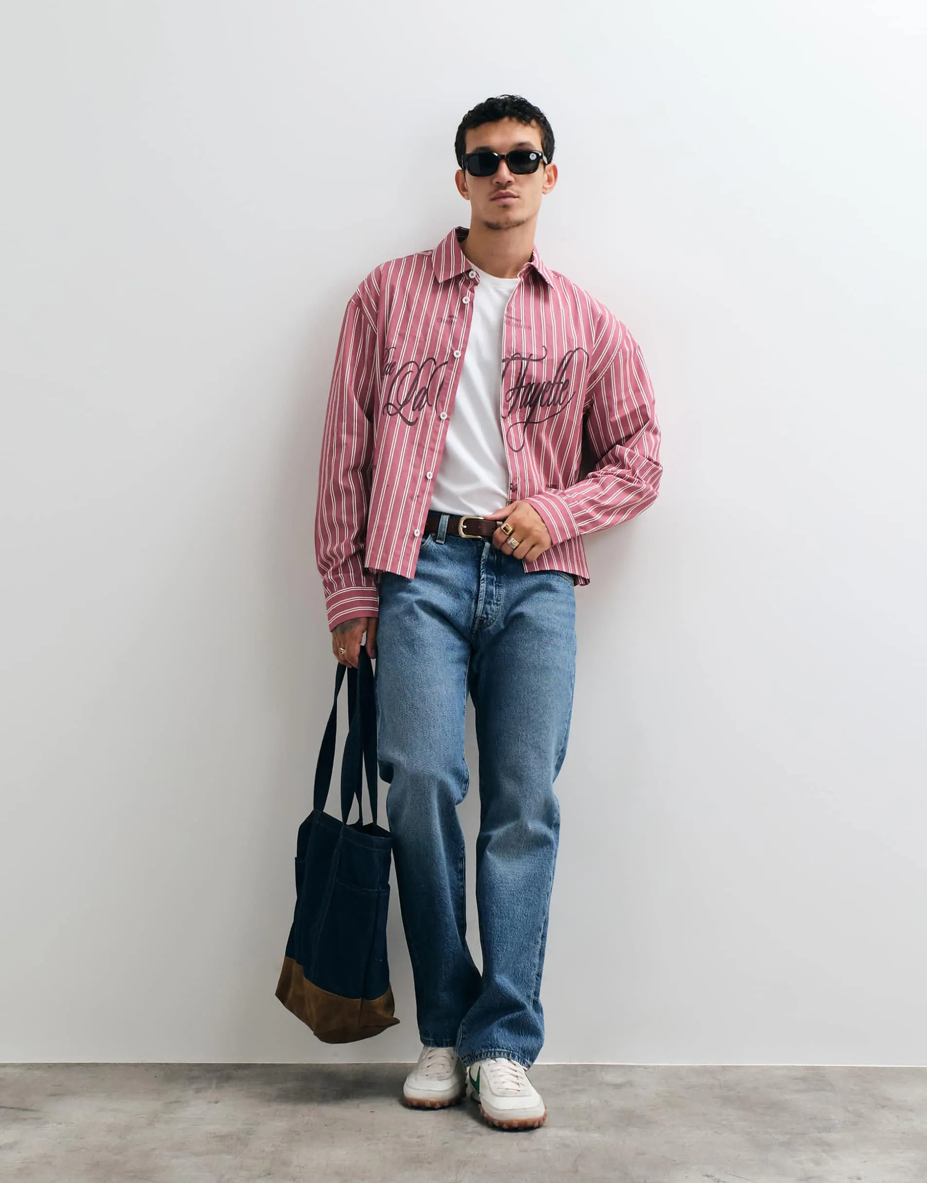 ASOS DESIGN boxy oversized stripe shirt with placement print in mauve