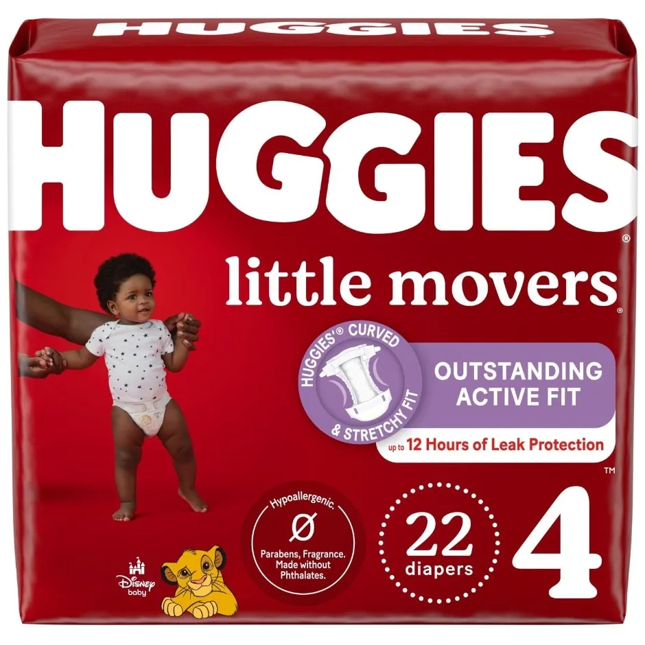 Huggies Little Movers Baby Diapers, Size 4 (22-37 lbs), 22 Ct
