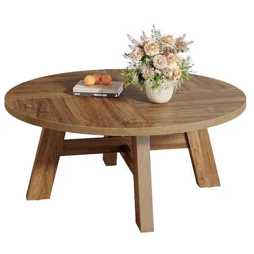 39.4 Inch Mid Century Modern Walnut Round Coffee Table with Angled Legs