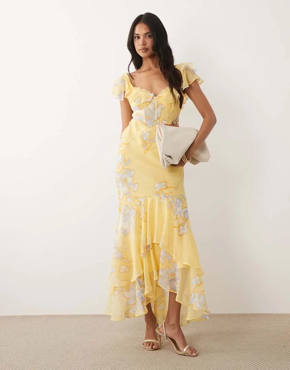 ASOS DESIGN frill sleeve maxi dress with fishtail hem in yellow floral print