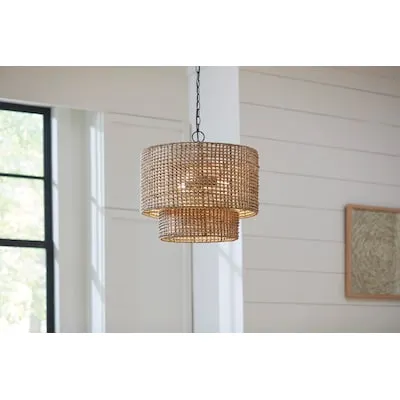 Adara 3 -Light Natural Traditional Rattan Cage Drum Medium Hanging Pendant Light