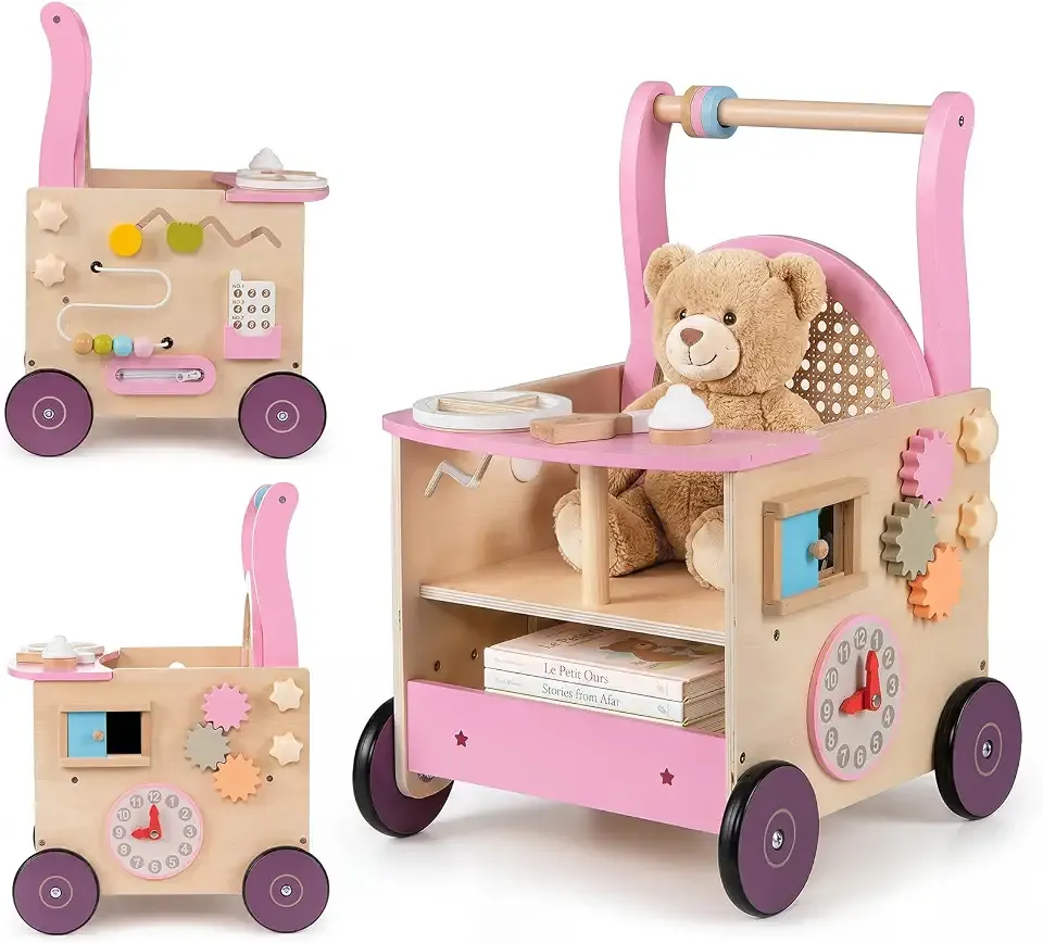 OLAKIDS Wooden Baby Walker, Activity Center Push Walking Toy with Wheels, Montessori Rattan Doll Stroller for Boys Girls Babies 12-36 Months