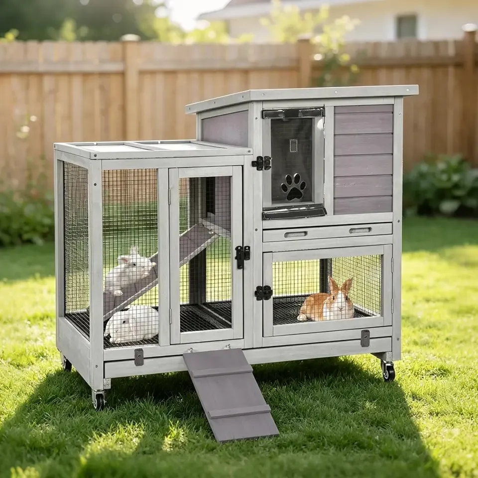Aivituvin Rabbit Hutch Large Wooden Bunny House Guinea Pig Cages on Wheels, Two Trays, Indoor Outdoor