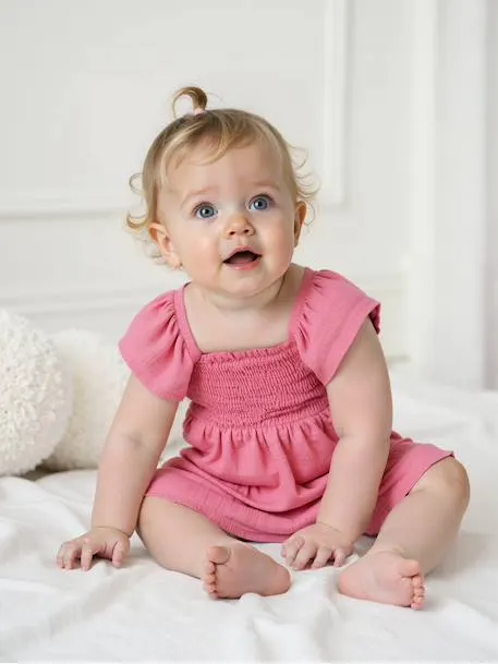 Robe bébé smockée en gaze de coton - rose bonbon
