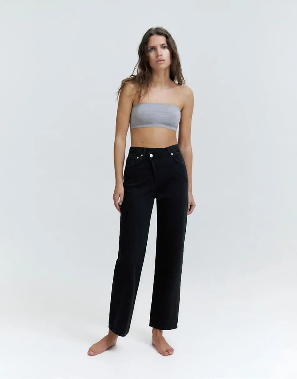 Pull&Bear Straight-leg jeans with crossover waistband in black