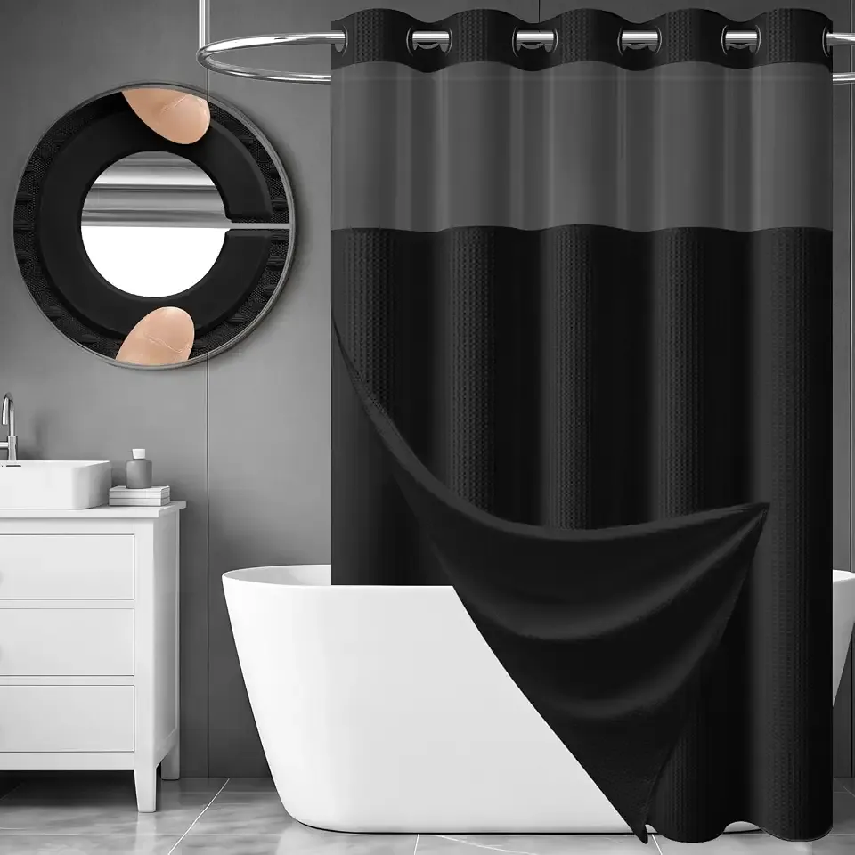 Ringless Waffle Weave Fabric Shower Curtain Set, Black, 72"x75"