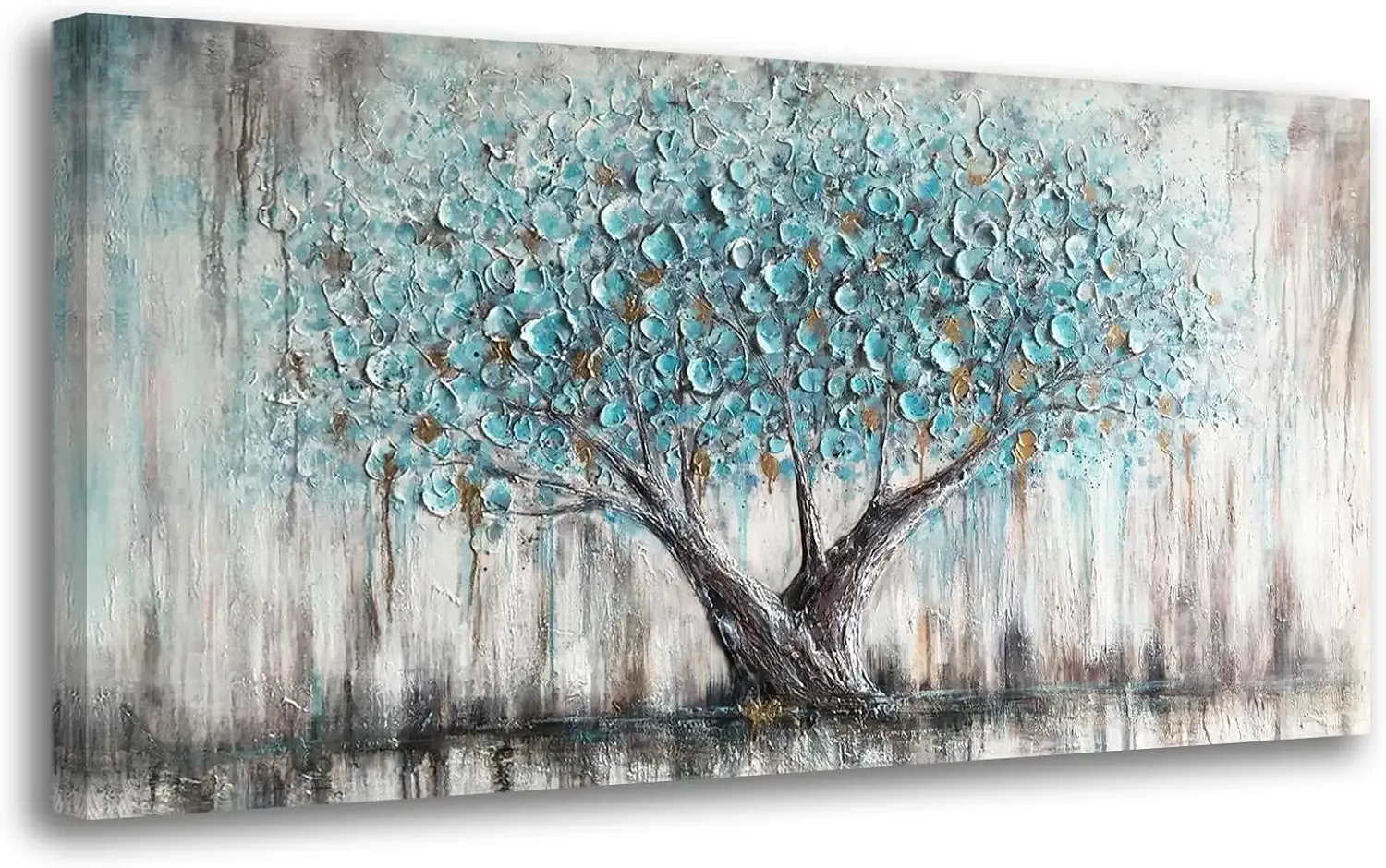 Arjun Tree of Life Wall Art Canvas for Living Room Blue Tree Nature Teal Painting, 50% Hand Painted Textured Picture Bedroom Panoramic Landscape Artwork Framed Home Office Decor 40"x20"