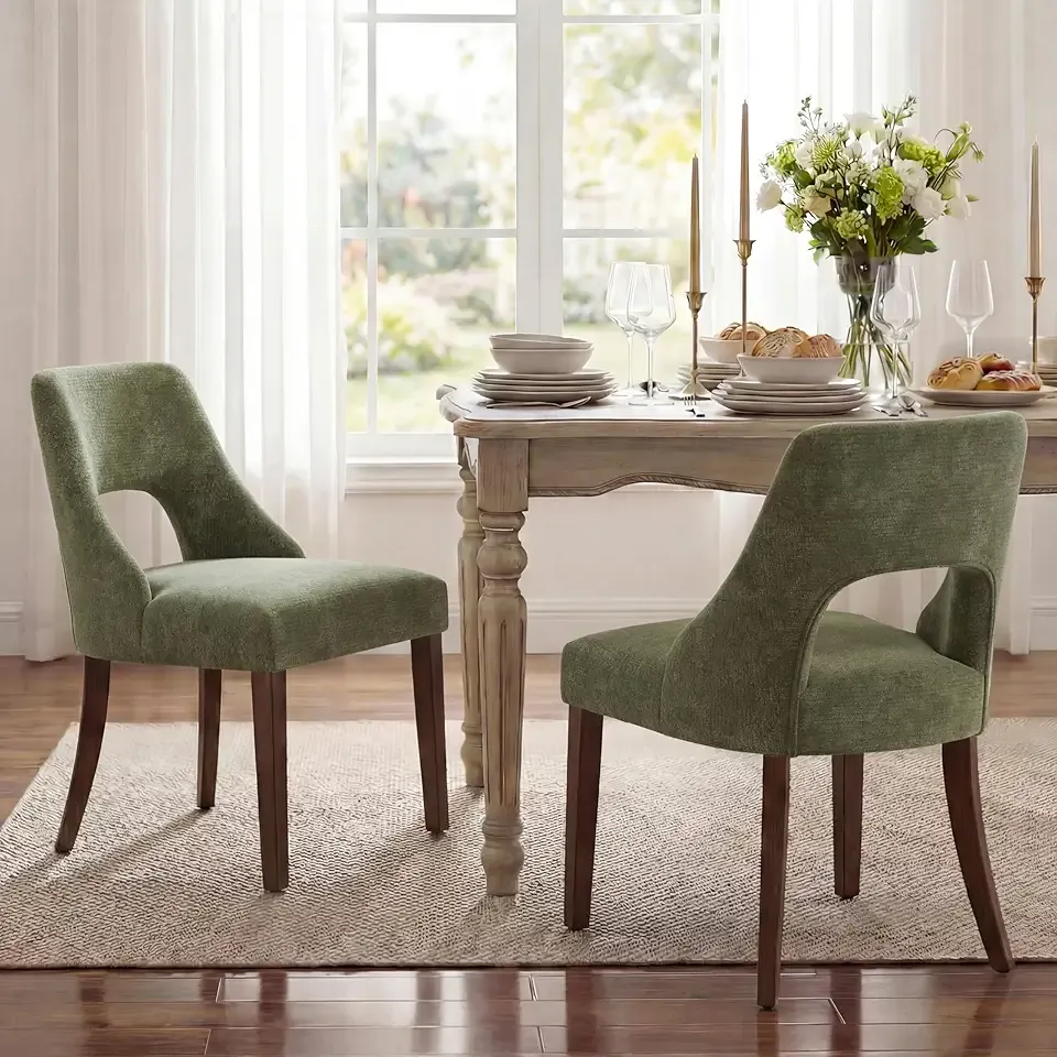 UVV Wooden Dining Chairs Set of 2, Mid Century Modern Chenille Upholstered Dining Room Chair Kitchen Chairs, Farmhouse Dinner Chair with Solid Wood Legs for Kitchen Dining Room, Green