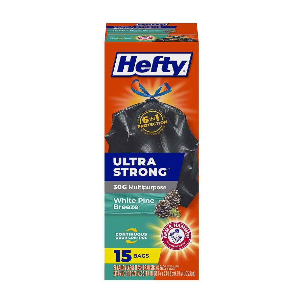 Hefty Ultra Strong Large Trash Drawstring Bags, White Pine Breeze Scent, 30 Gallon, 15 ct