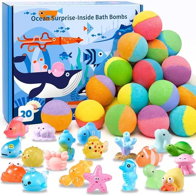 20 Kids Bath Bombs with Surprise Ocean Animal Toys, Child-Safe Gift Set | Natural Ingredients, Non-Staining Fizz, Hidden Animal Bath T…