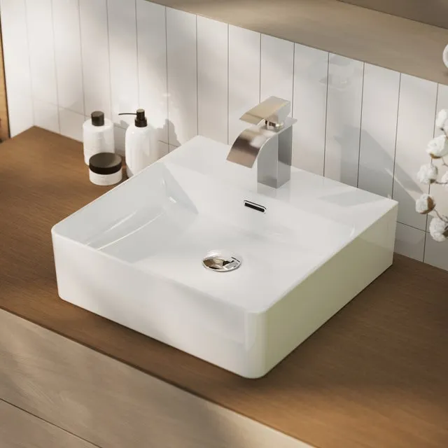 Lavabo suspendido 42x42cm con válvula, lavabo de sobreponer de cerámica cuadrado, blanco, lavabo con superficie de apoyo