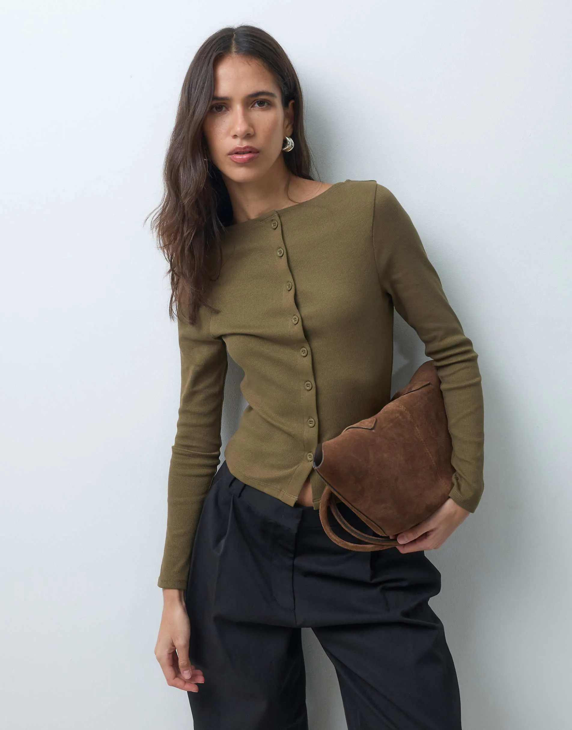 ASOS DESIGN ribbed boat neck long sleeve button down top in khaki