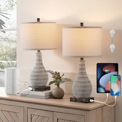 25.6-in Bronze LED On/Off switch Table Lamp with Linen Shade 2 -Set
