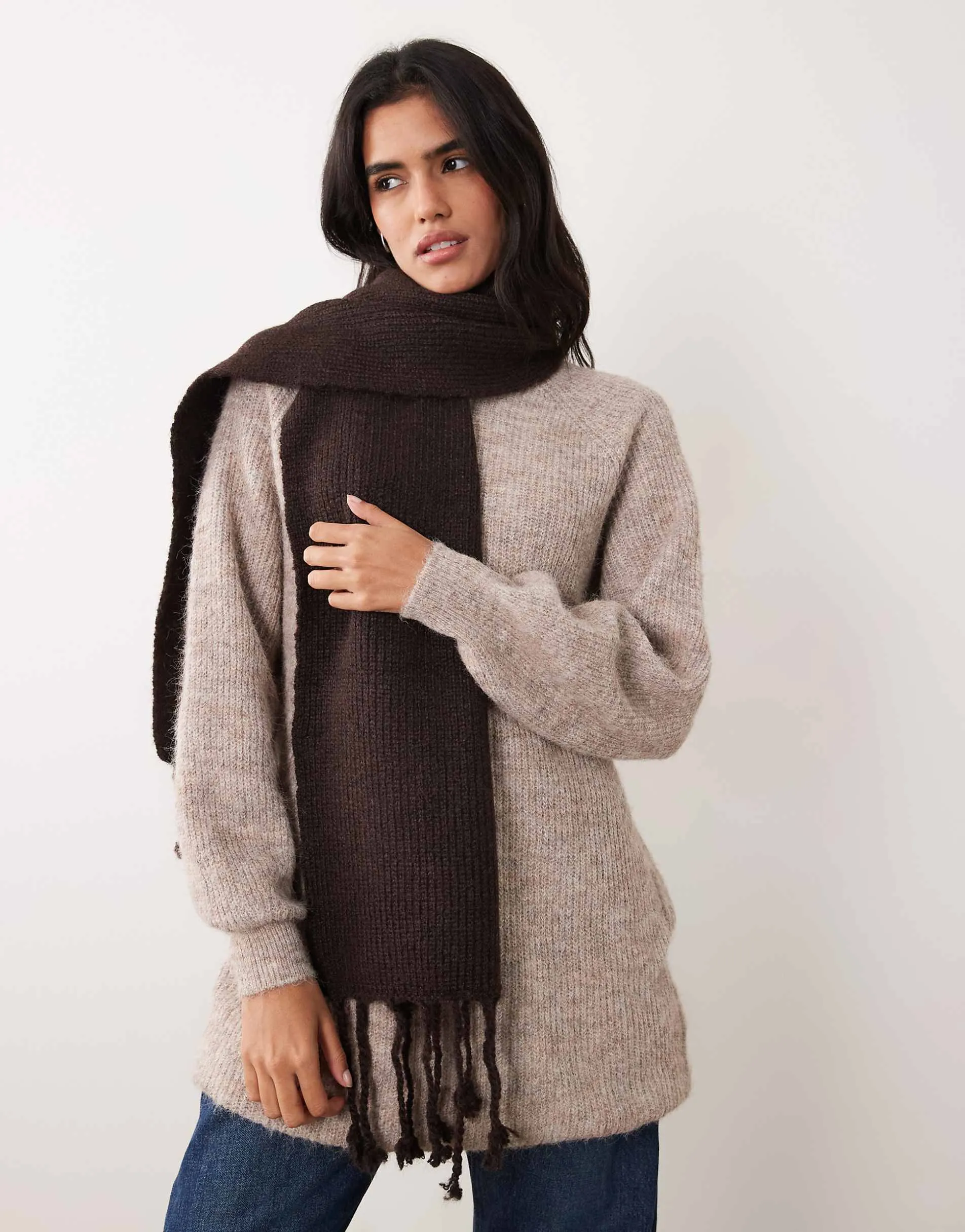 Vila wool-blend super soft knitted tassel scarf in chocolate brown melange